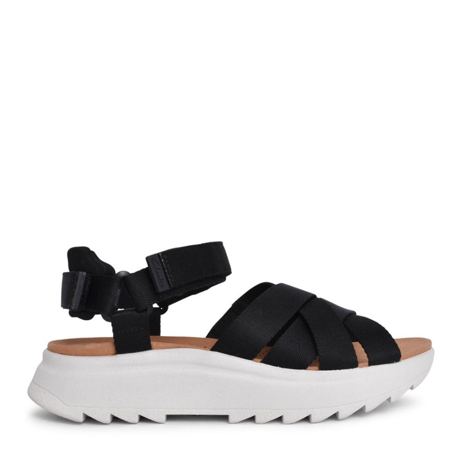 Ladies CLARKS | Ladies Dashlite Cros Leather D-Fit Sandal In Black