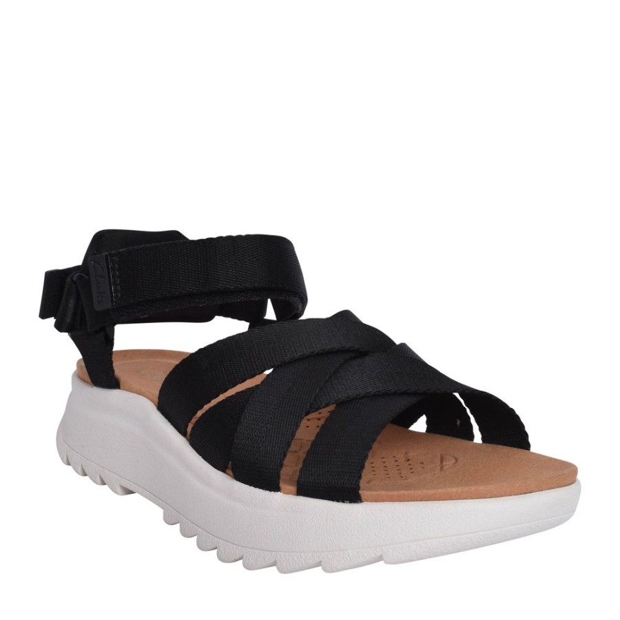 Ladies CLARKS | Ladies Dashlite Cros Leather D-Fit Sandal In Black