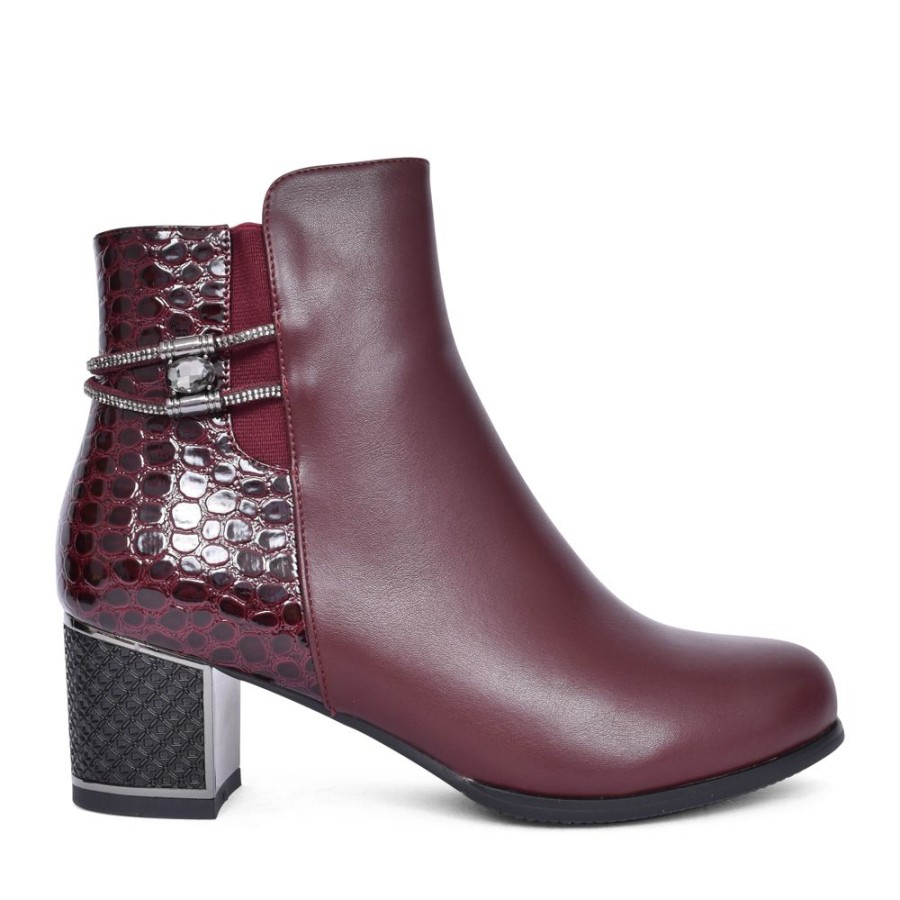 Ladies REDZ | Ladies F3925 Block Heel Ankle Boot In Wine