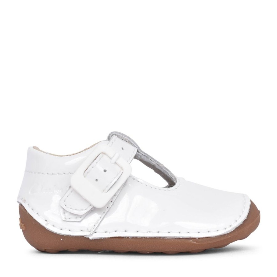 Girls CLARKS | Girls Tiny Beat T White Patent T-Bar Shoe In Kids F Fit