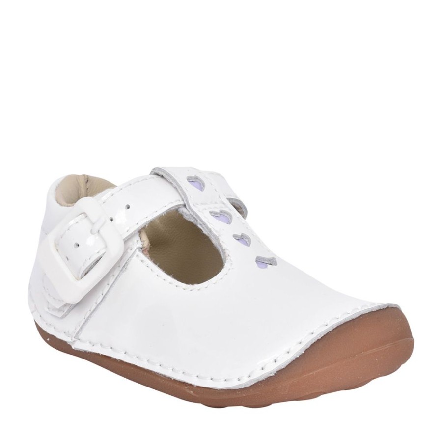 Girls CLARKS | Girls Tiny Beat T White Patent T-Bar Shoe In Kids F Fit