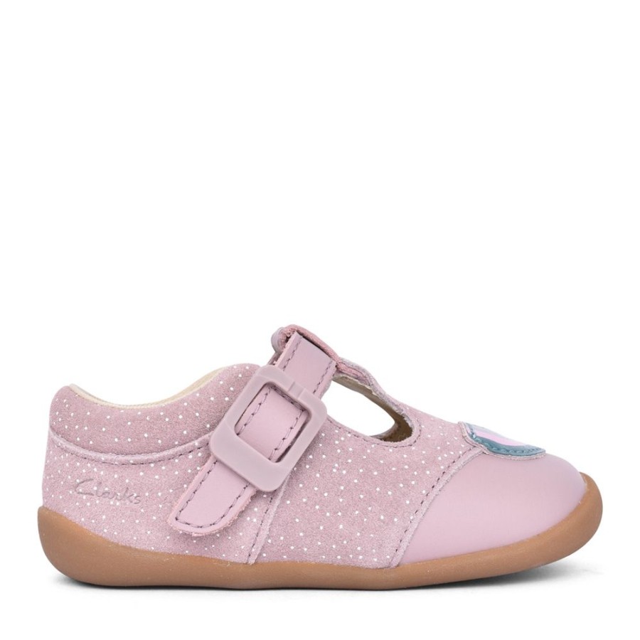 Girls CLARKS | Girls Roamer Mist T Dusty Pink T-Bar Shoe In Kids F Fit