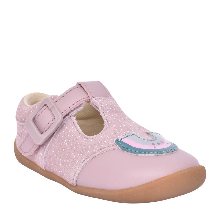 Girls CLARKS | Girls Roamer Mist T Dusty Pink T-Bar Shoe In Kids F Fit