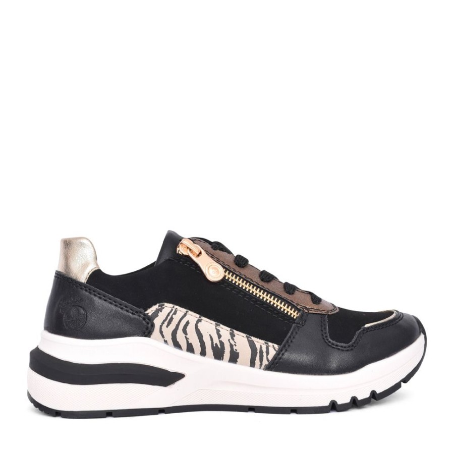 Ladies RIEKER | Ladies M6616 Laced Trainer In Black