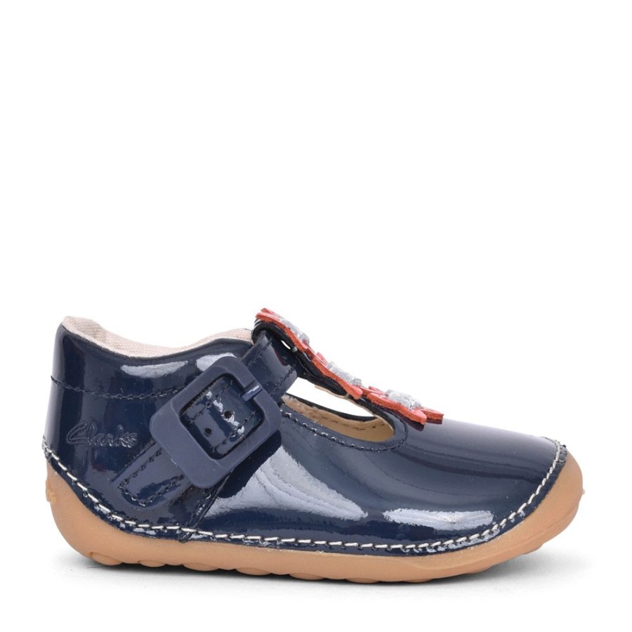 Girls CLARKS | Girls Tiny Flower Pre-Walker Navy Patent Shoe In Kids H Fit