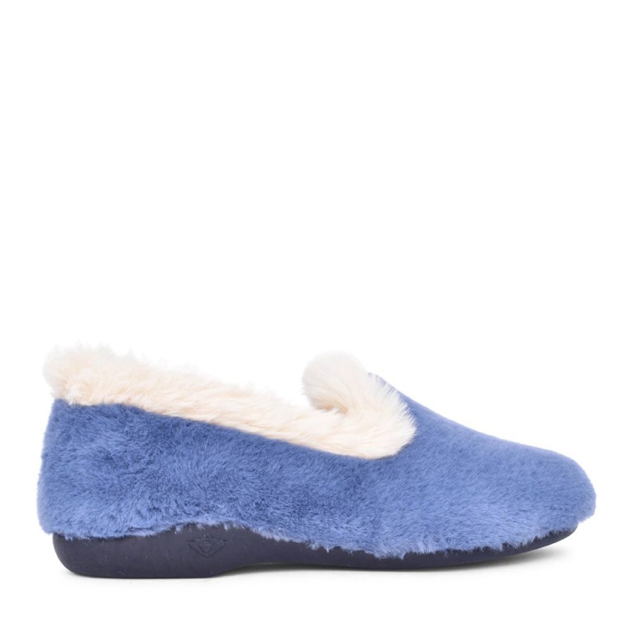 Ladies LUNAR | Ladies Shake Kla159 Fur Trim Slipper In Blue