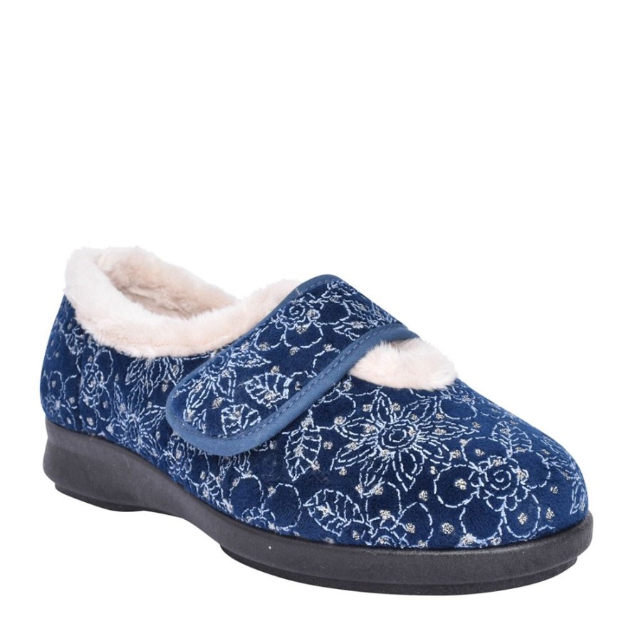 Ladies EASY B | Ladies 2V Extra Wide Harper Velcro Slipper In Navy