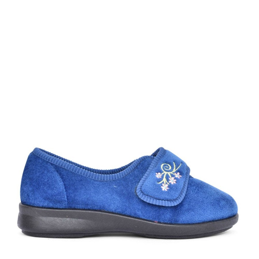 Ladies EASY B | Ladies Caroline 2 Floral Velcro Slipper In Navy