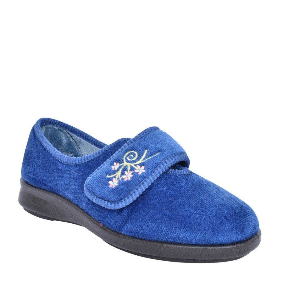 Ladies EASY B | Ladies Caroline 2 Floral Velcro Slipper In Navy