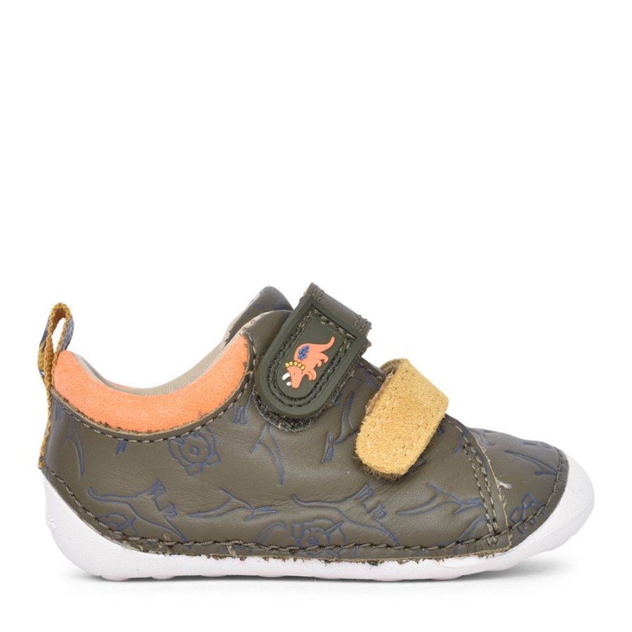 Boys CLARKS | Boys Tiny Rex T Khaki Interest Velcro Shoe In Kids G Fit