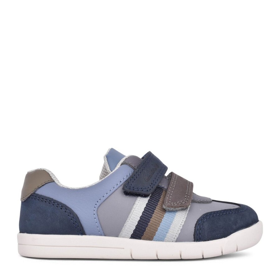 Boys CLARKS | Boys Den Stripe Navy Combi Shoe In Kids F Fit