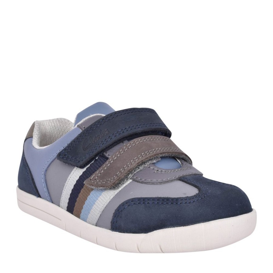 Boys CLARKS | Boys Den Stripe Navy Combi Shoe In Kids F Fit