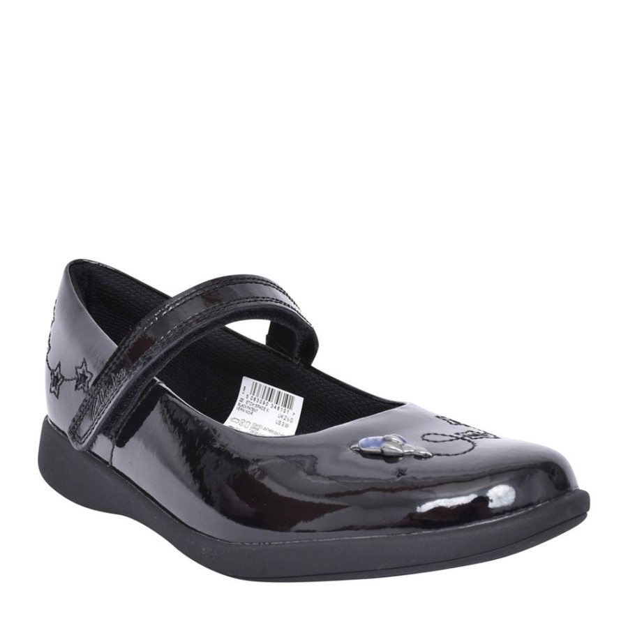 Girls CLARKS | Girls Etch Space K Black Patent Velcro Shoe In Kids G Fit