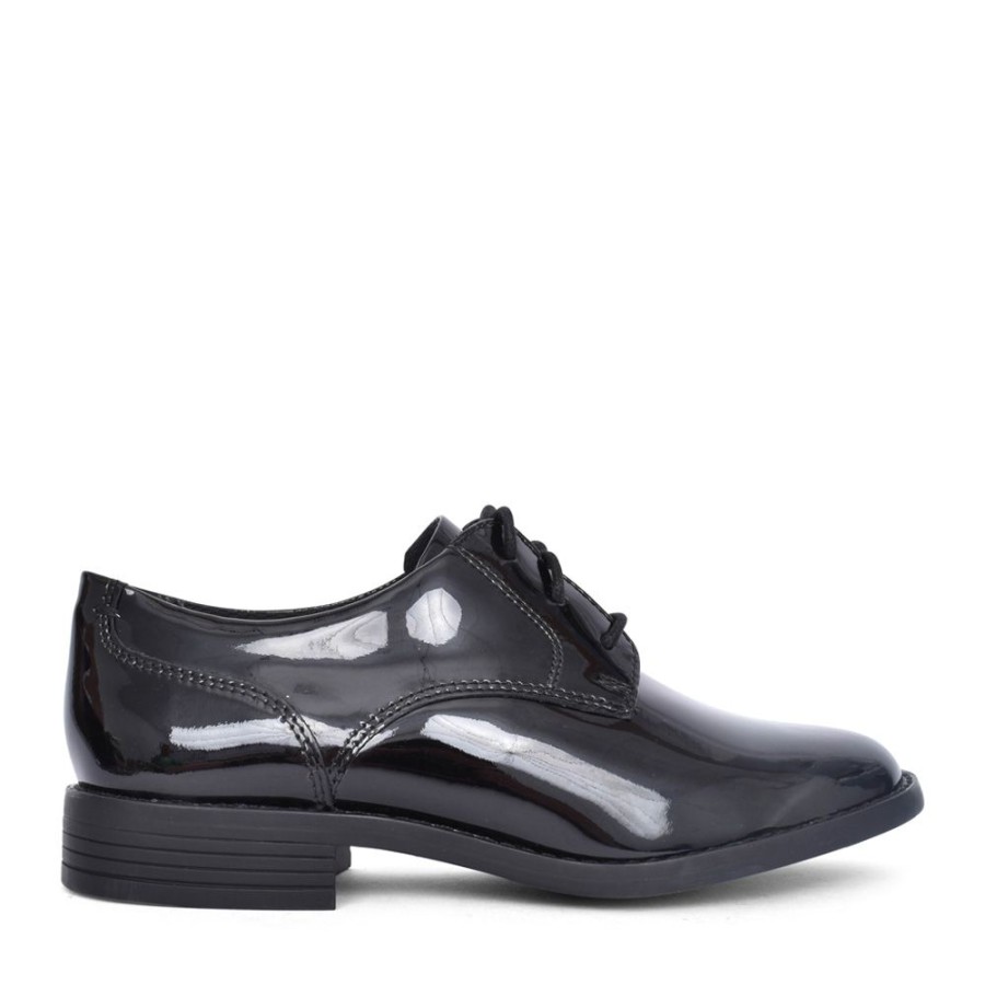 Ladies CLARKS | Ladies Camzin Iris Black Patent E-Fit Laced Shoe In Blk Patent