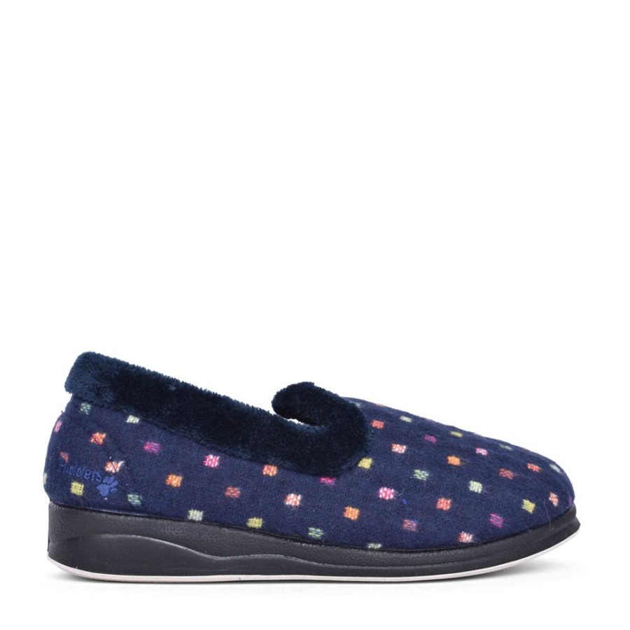 Ladies PADDERS | Ladies 406 Repose Wide Fit Spotty Slipper In Navy