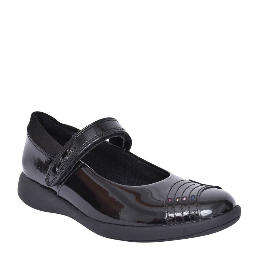 Girls CLARKS | Girls Etch Beam Black Patent Shoe In Kids F Fit