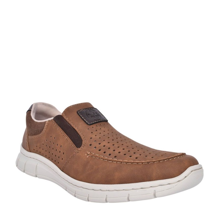 Mens RIEKER | Mens B7766 Perforated Slip On Shoe In Tan