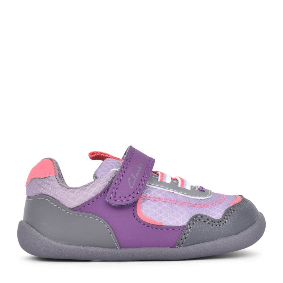 Girls CLARKS | Girls Roamer Sport Purple Combi Velcro Shoe In Kids F Fit